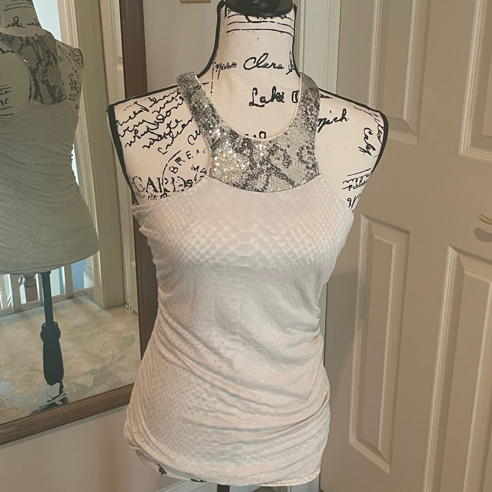 Cream snake skin patterned top with gold sequined neck line